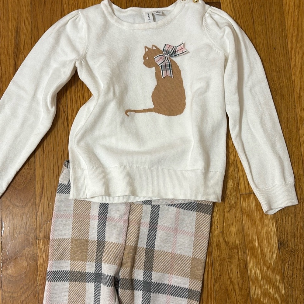 Janie and Jack Cream and Tan Cat Sweater and Plaid Pants Set